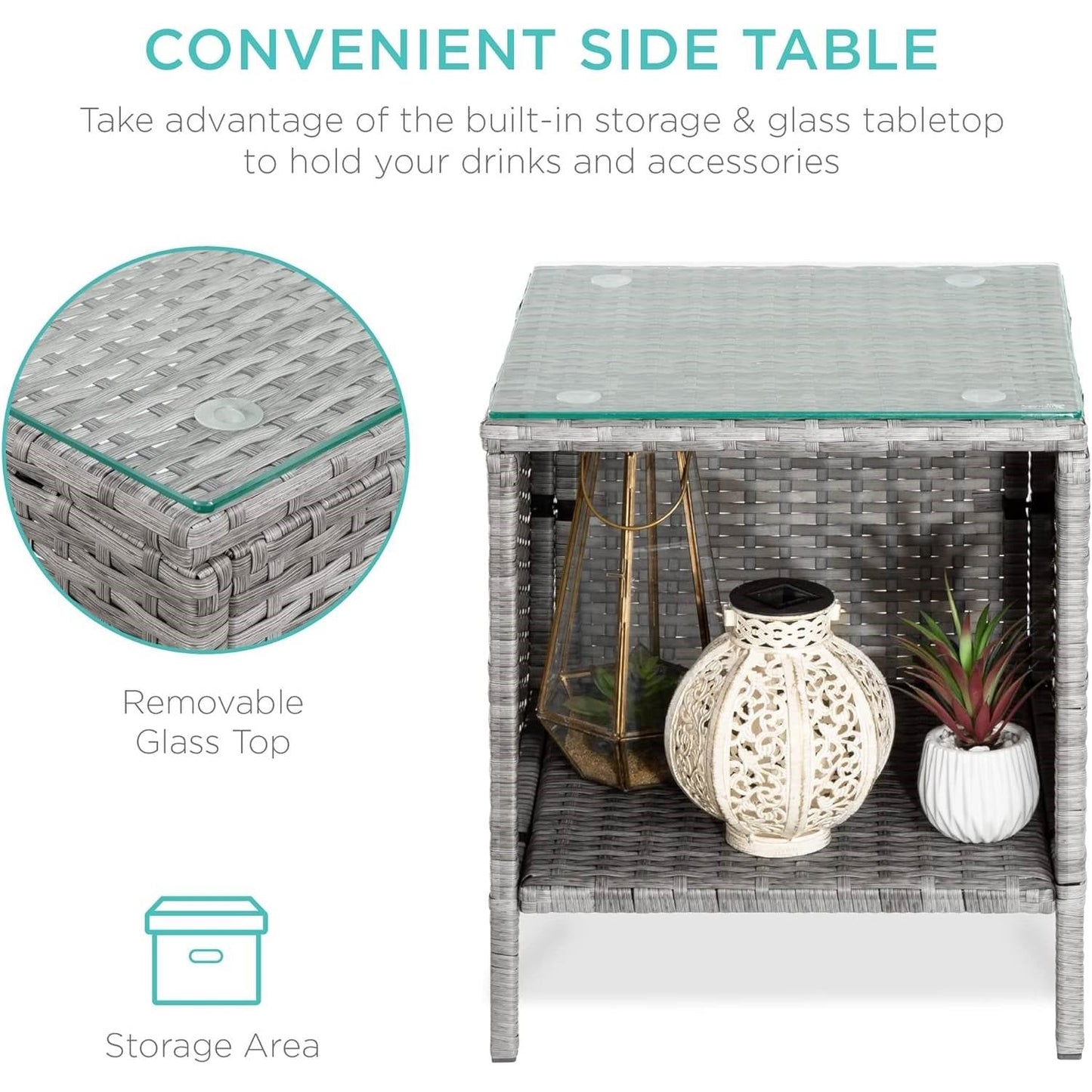 Juego de comedor de 3 piezas de mimbre PE gris para patio con cojines negros
