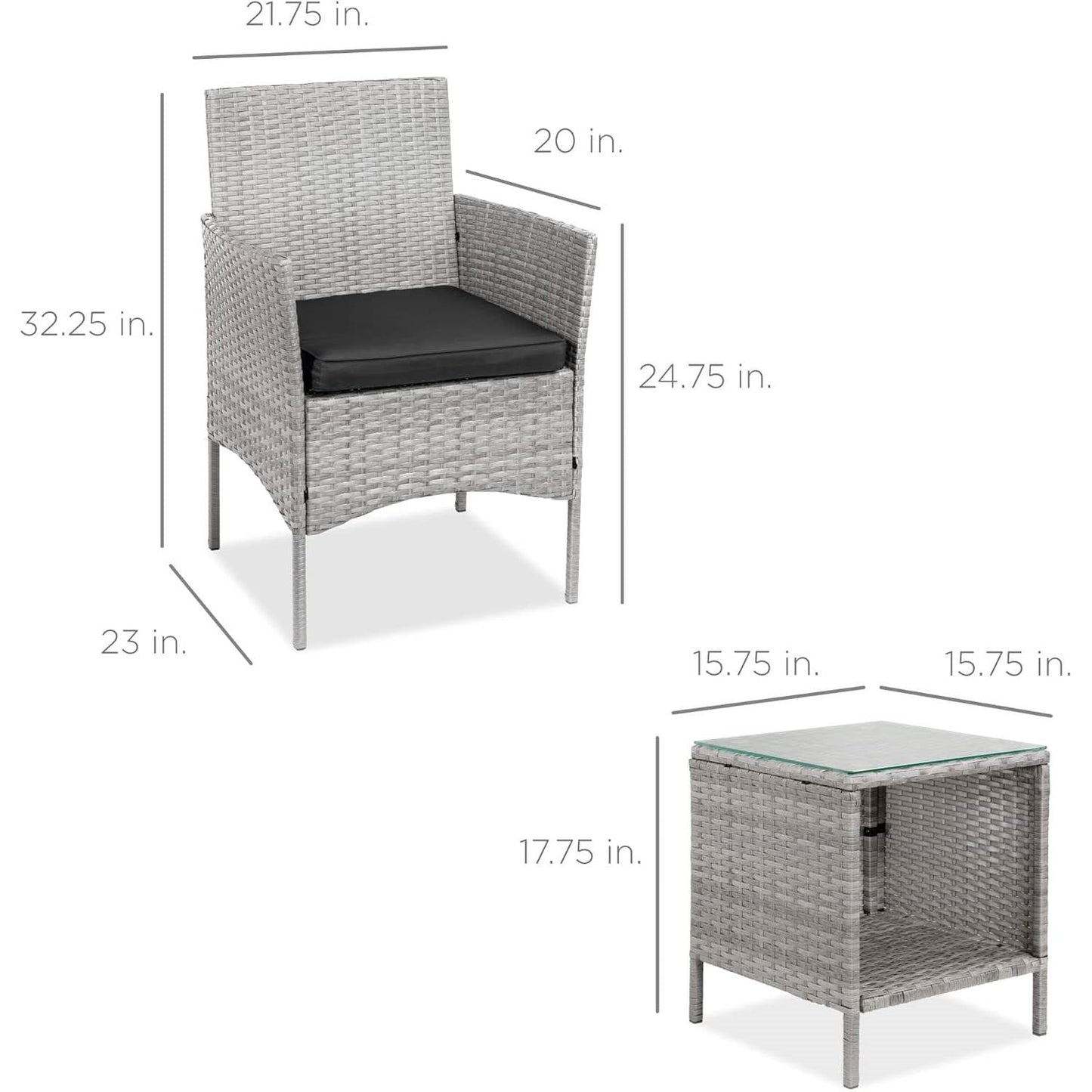 Juego de comedor de 3 piezas de mimbre PE gris para patio con cojines negros