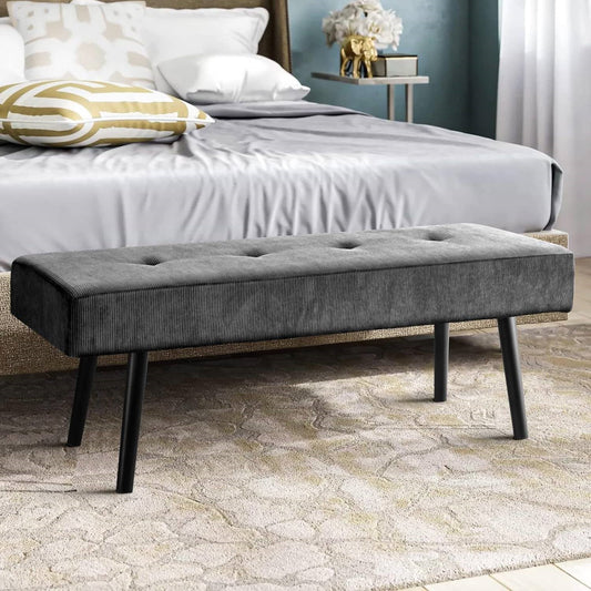 Banco para pie de cama tapizado en pana gris de mediados de siglo con patas de metal negras
