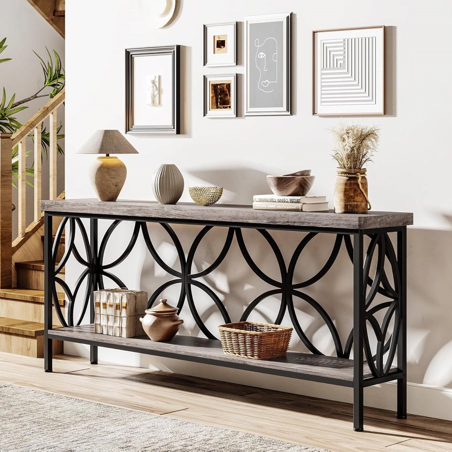 Mesa de entrada/recibidor moderna de 70 pulgadas de largo y estrecha con parte superior y estante de madera gris