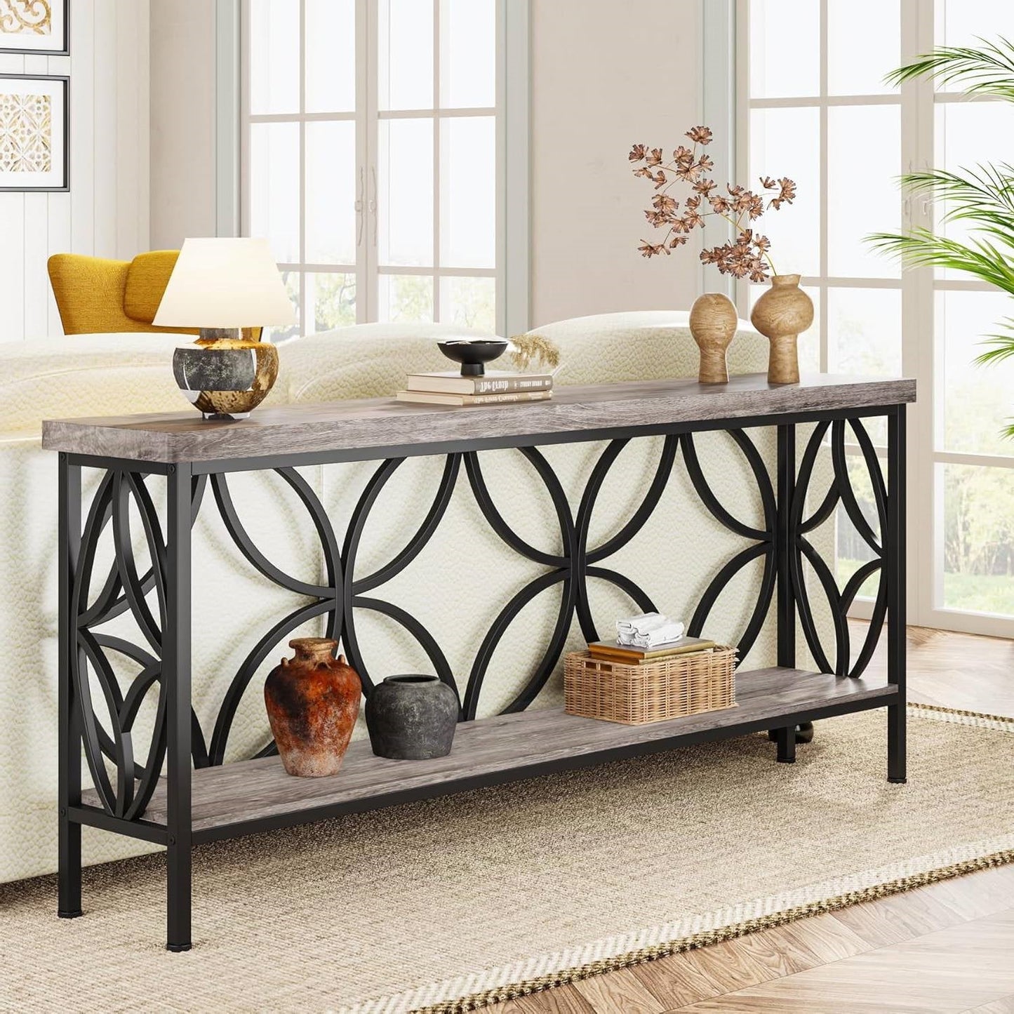 Mesa de entrada/recibidor moderna de 70 pulgadas de largo y estrecha con parte superior y estante de madera gris