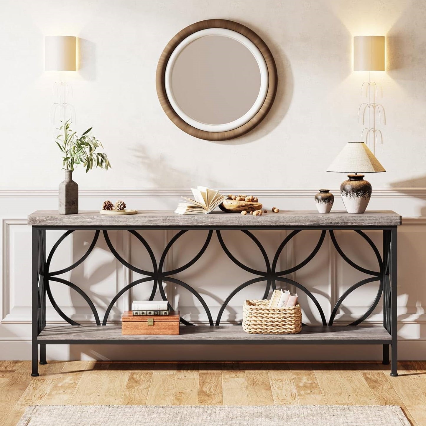 Mesa de entrada/recibidor moderna de 70 pulgadas de largo y estrecha con parte superior y estante de madera gris