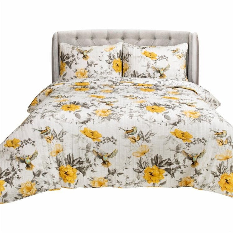 Juego de edredón de algodón reversible Full/Queen de 3 piezas blanco, amarillo y gris con diseño floral y pájaros