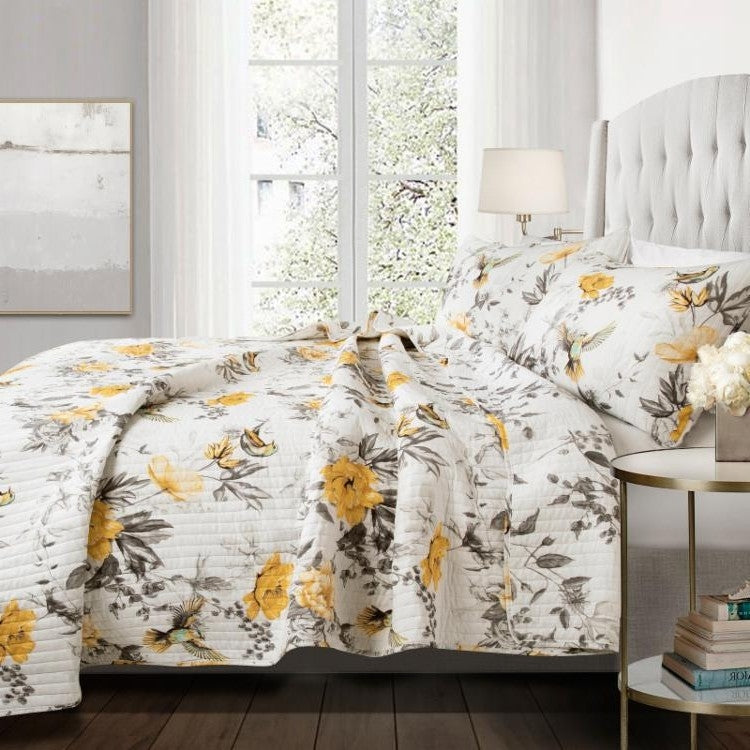 Juego de edredón de algodón reversible Full/Queen de 3 piezas blanco, amarillo y gris con diseño floral y pájaros