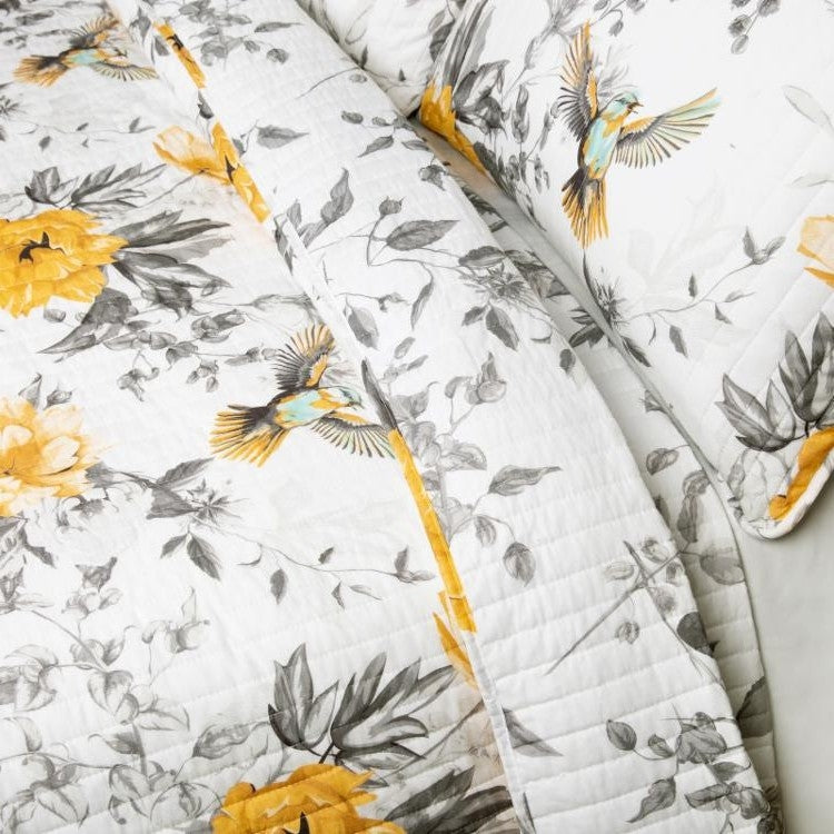 Juego de edredón de algodón reversible Full/Queen de 3 piezas blanco, amarillo y gris con diseño floral y pájaros
