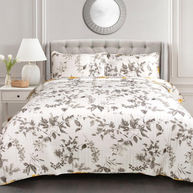 Juego de edredón de algodón reversible Full/Queen de 3 piezas blanco, amarillo y gris con diseño floral y pájaros