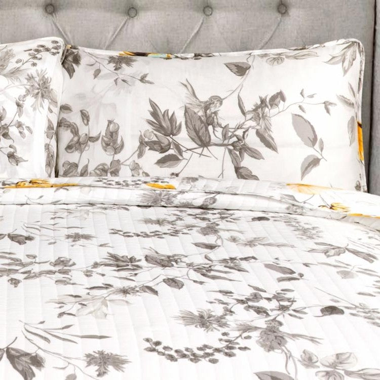 Juego de edredón de algodón reversible Full/Queen de 3 piezas blanco, amarillo y gris con diseño floral y pájaros