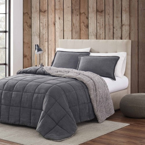 Juego de edredón de microgamuza reversible de felpa Sherpa para cama Full/Queen en gris