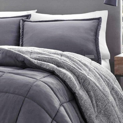 Juego de edredón de microgamuza reversible de felpa Sherpa para cama Full/Queen en gris