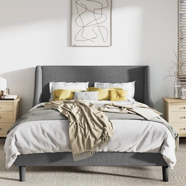 Cama plataforma tapizada de lino gris de tamaño completo con cabecero de alas