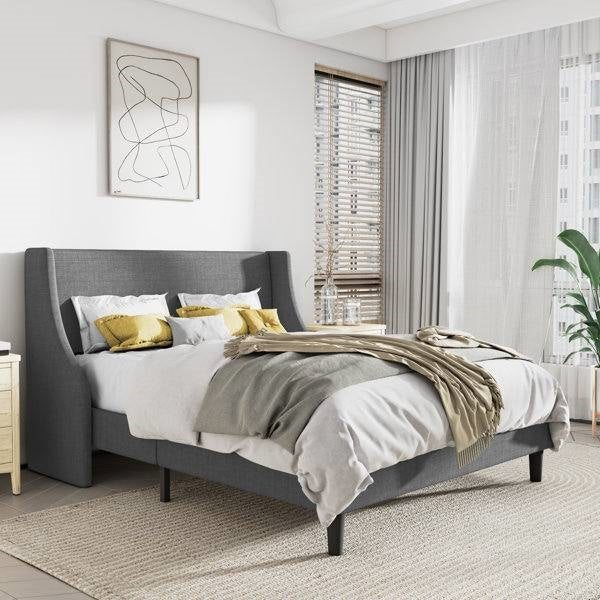 Cama plataforma tapizada de lino gris de tamaño completo con cabecero de alas