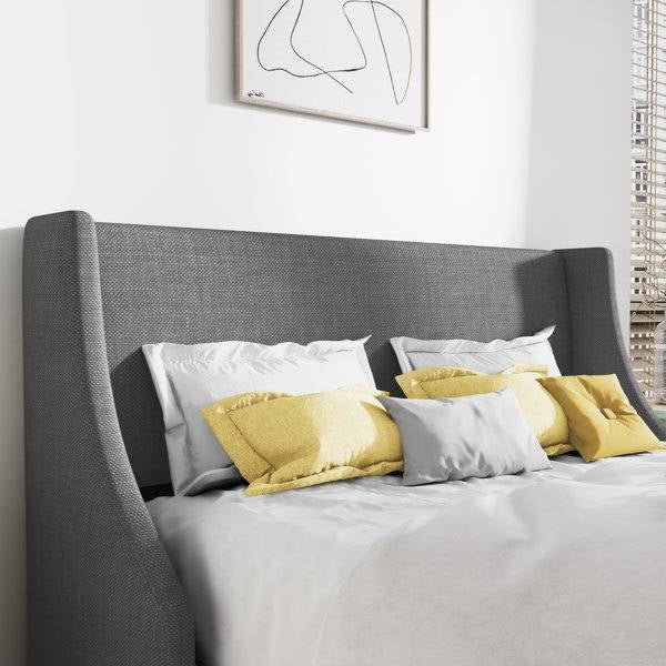 Cama plataforma tapizada de lino gris de tamaño completo con cabecero de alas