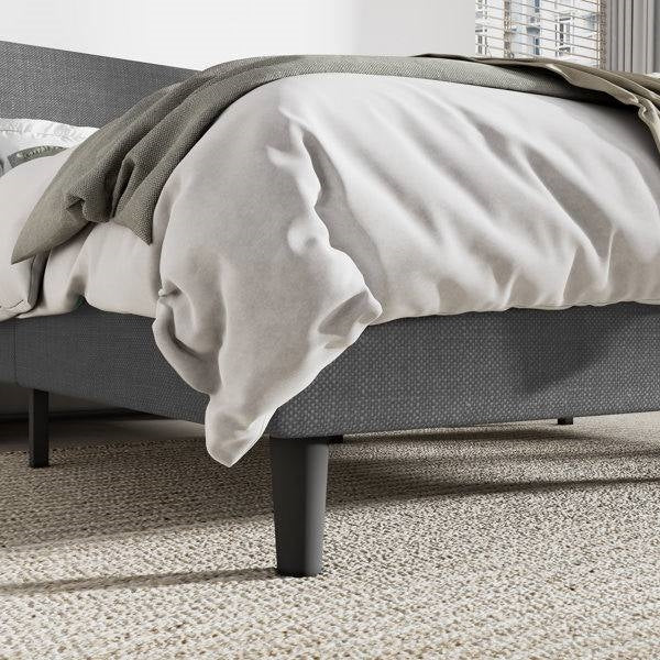 Cama plataforma tapizada de lino gris de tamaño completo con cabecero de alas