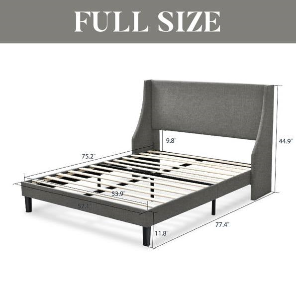 Cama plataforma tapizada de lino gris de tamaño completo con cabecero de alas