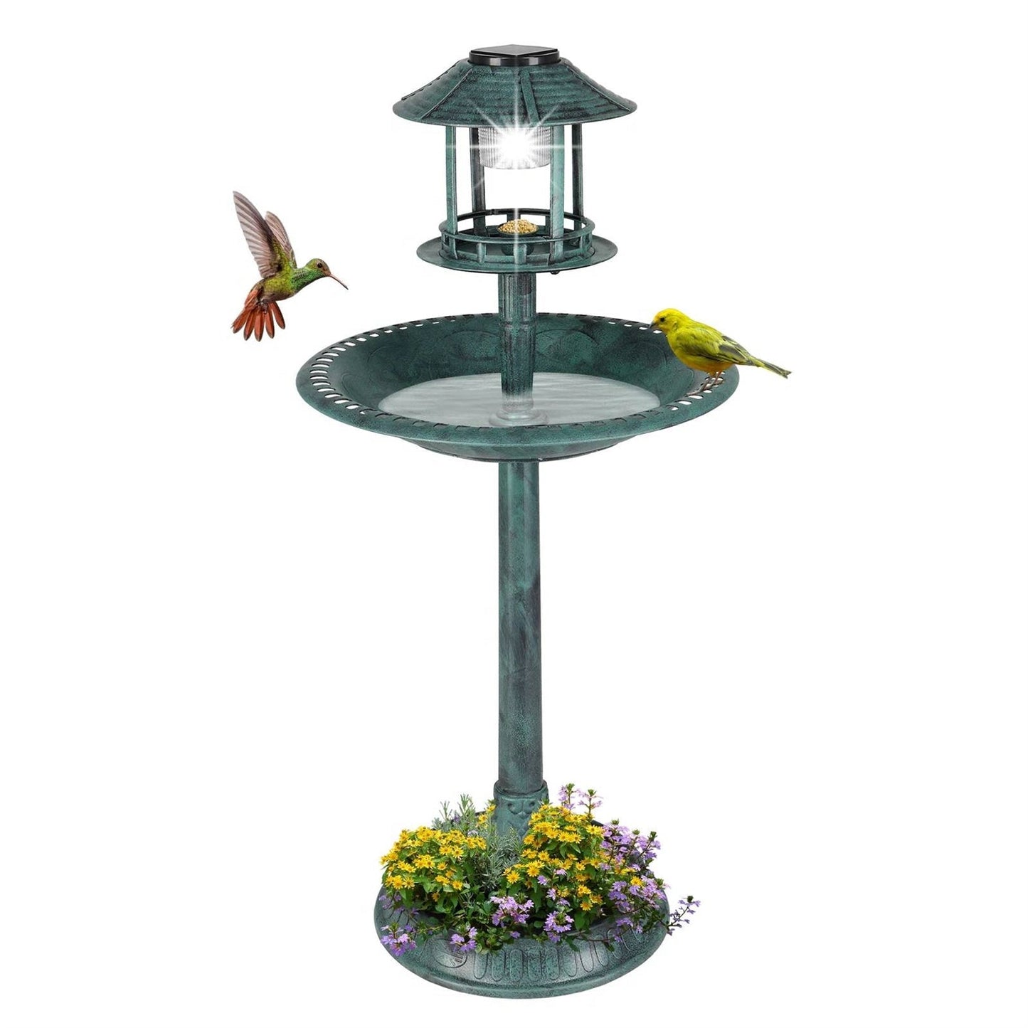Bañera para pájaros de jardín exterior con acabado de pátina de cobre verde y luz solar
