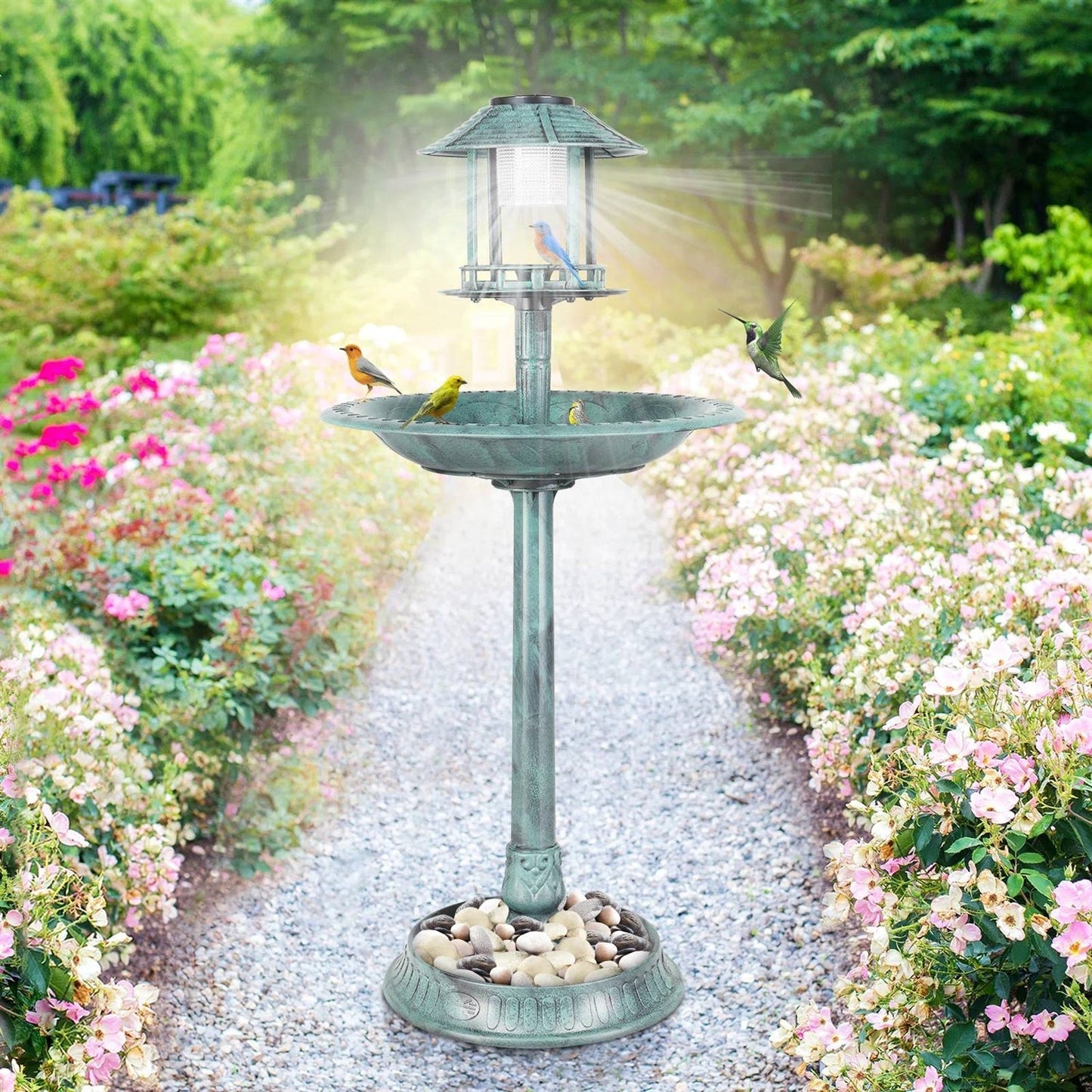 Bañera para pájaros de jardín exterior con acabado de pátina de cobre verde y luz solar