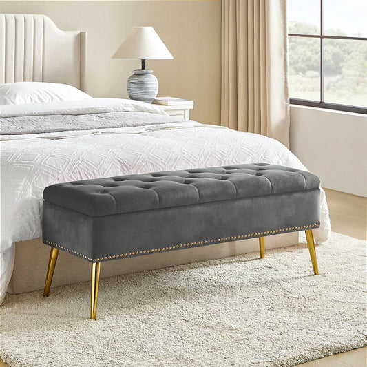 Banco de almacenamiento Mid-Century Modern para pie de cama con asiento de terciopelo gris y patas doradas