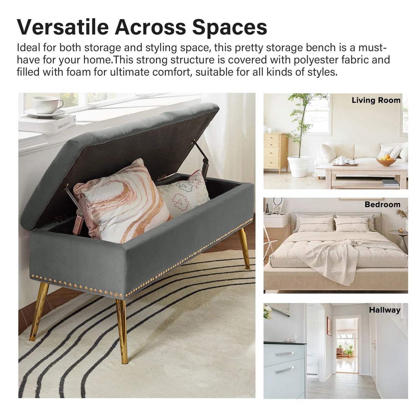 Banco de almacenamiento Mid-Century Modern para pie de cama con asiento de terciopelo gris y patas doradas