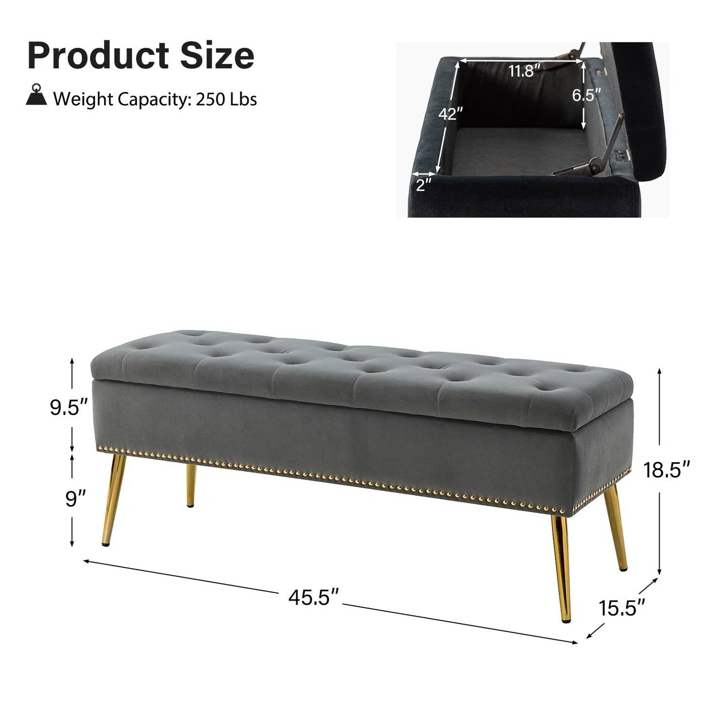 Banco de almacenamiento Mid-Century Modern para pie de cama con asiento de terciopelo gris y patas doradas