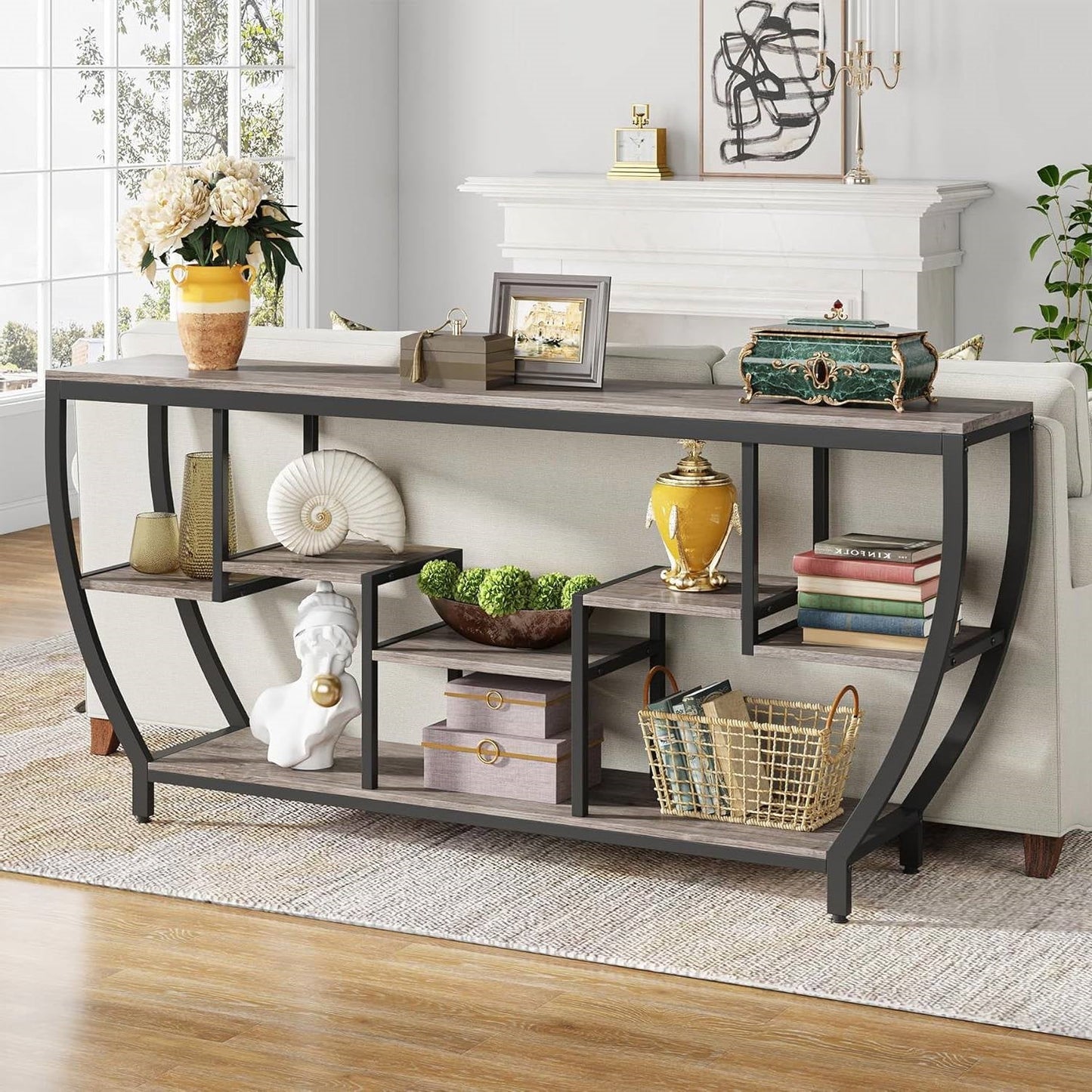Mesa Consola Sofá Industrial Chic de 70 Pulgadas de Largo y Angosta con Estantes de Madera Gris