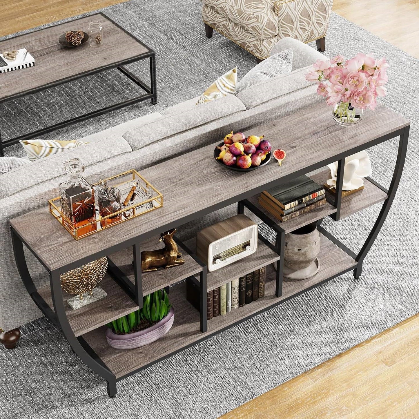 Mesa Consola Sofá Industrial Chic de 70 Pulgadas de Largo y Angosta con Estantes de Madera Gris