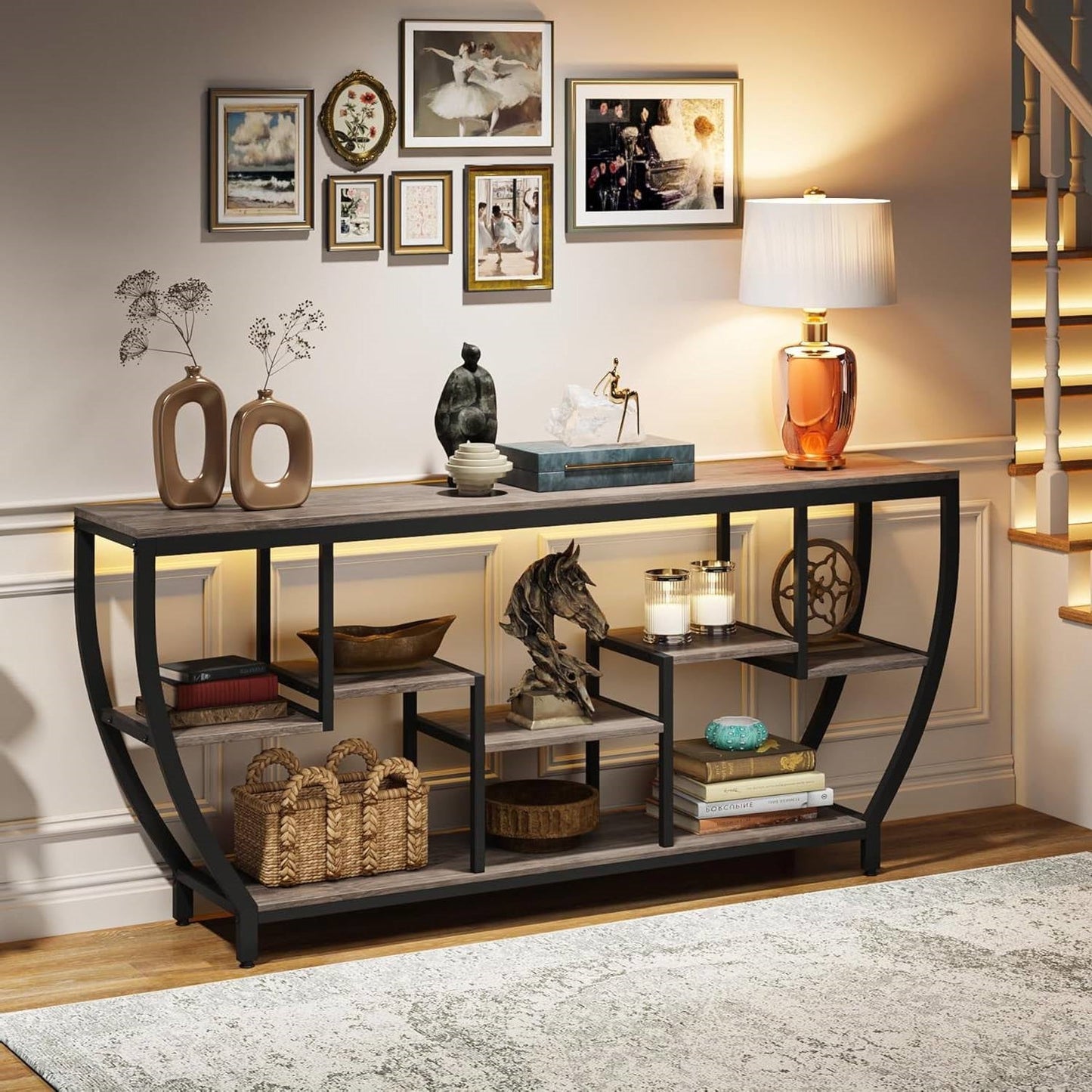 Mesa Consola Sofá Industrial Chic de 70 Pulgadas de Largo y Angosta con Estantes de Madera Gris