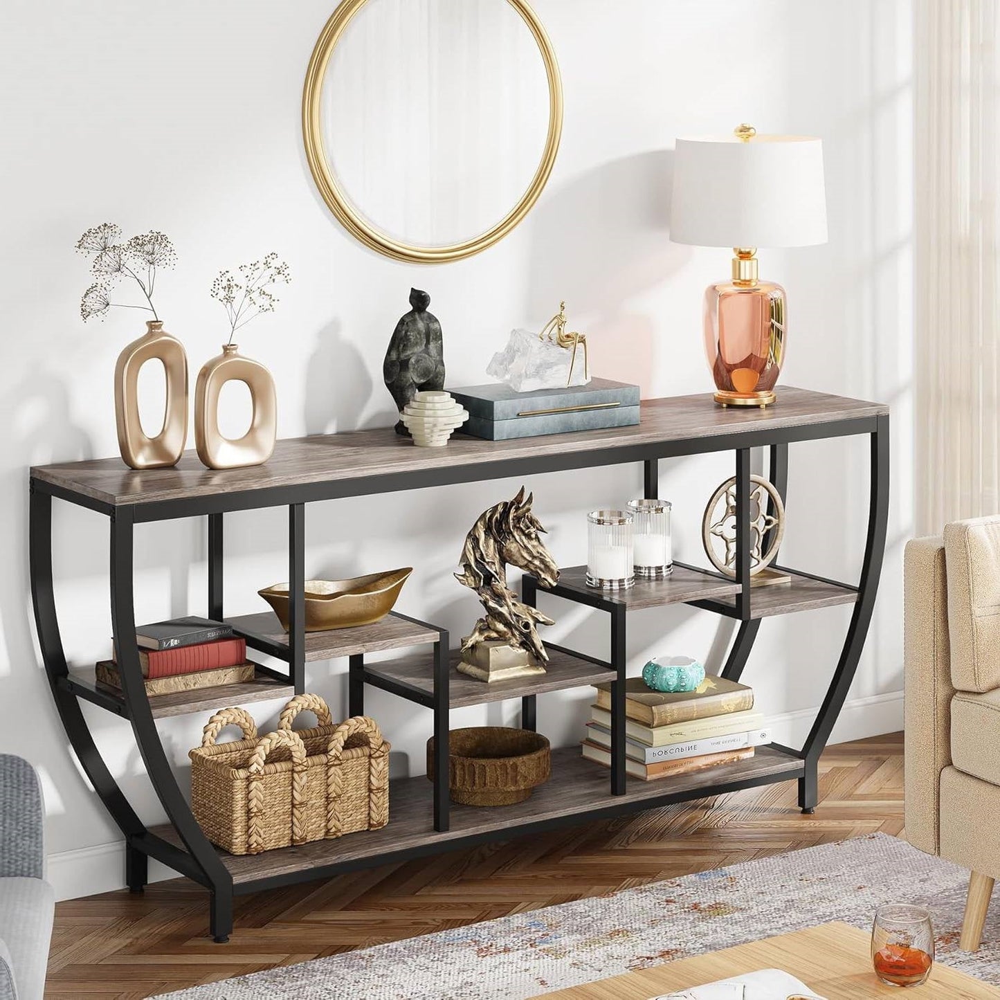 Mesa Consola Sofá Industrial Chic de 70 Pulgadas de Largo y Angosta con Estantes de Madera Gris