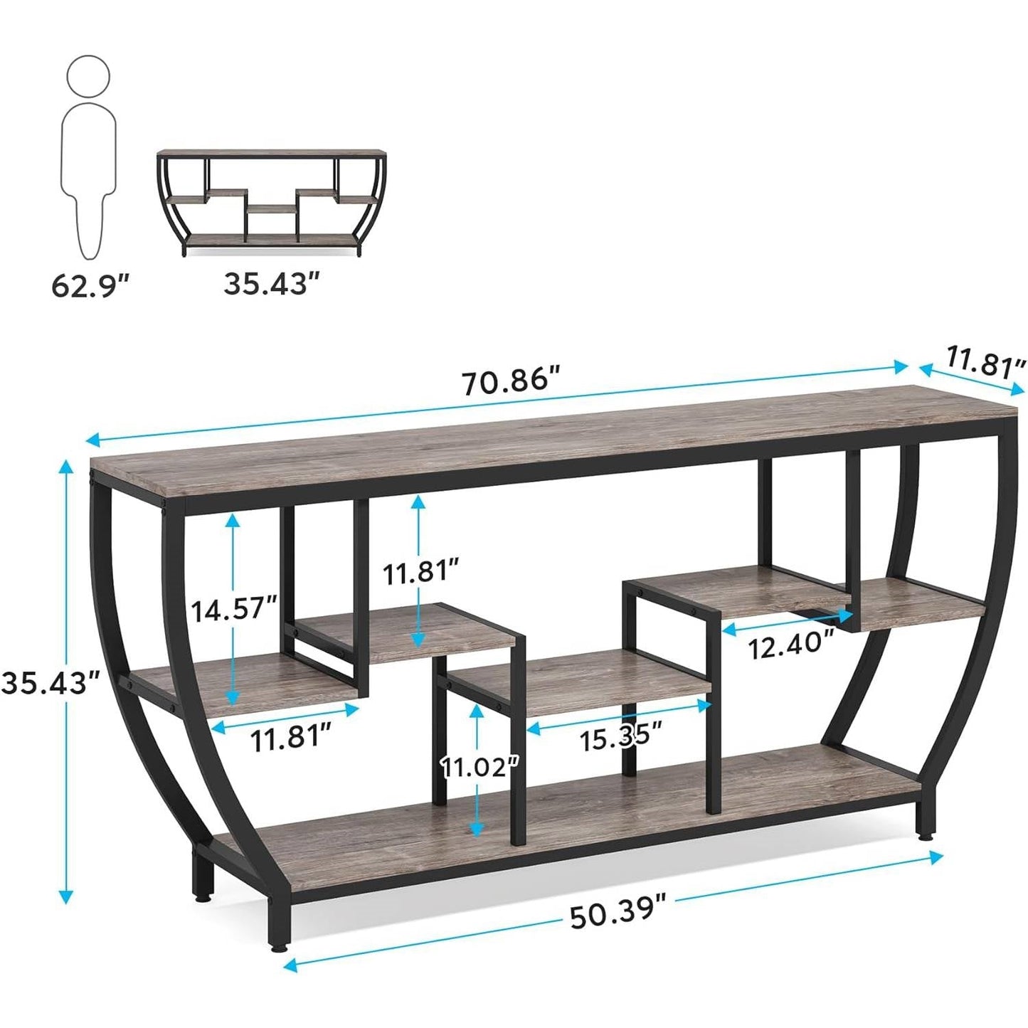 Mesa Consola Sofá Industrial Chic de 70 Pulgadas de Largo y Angosta con Estantes de Madera Gris