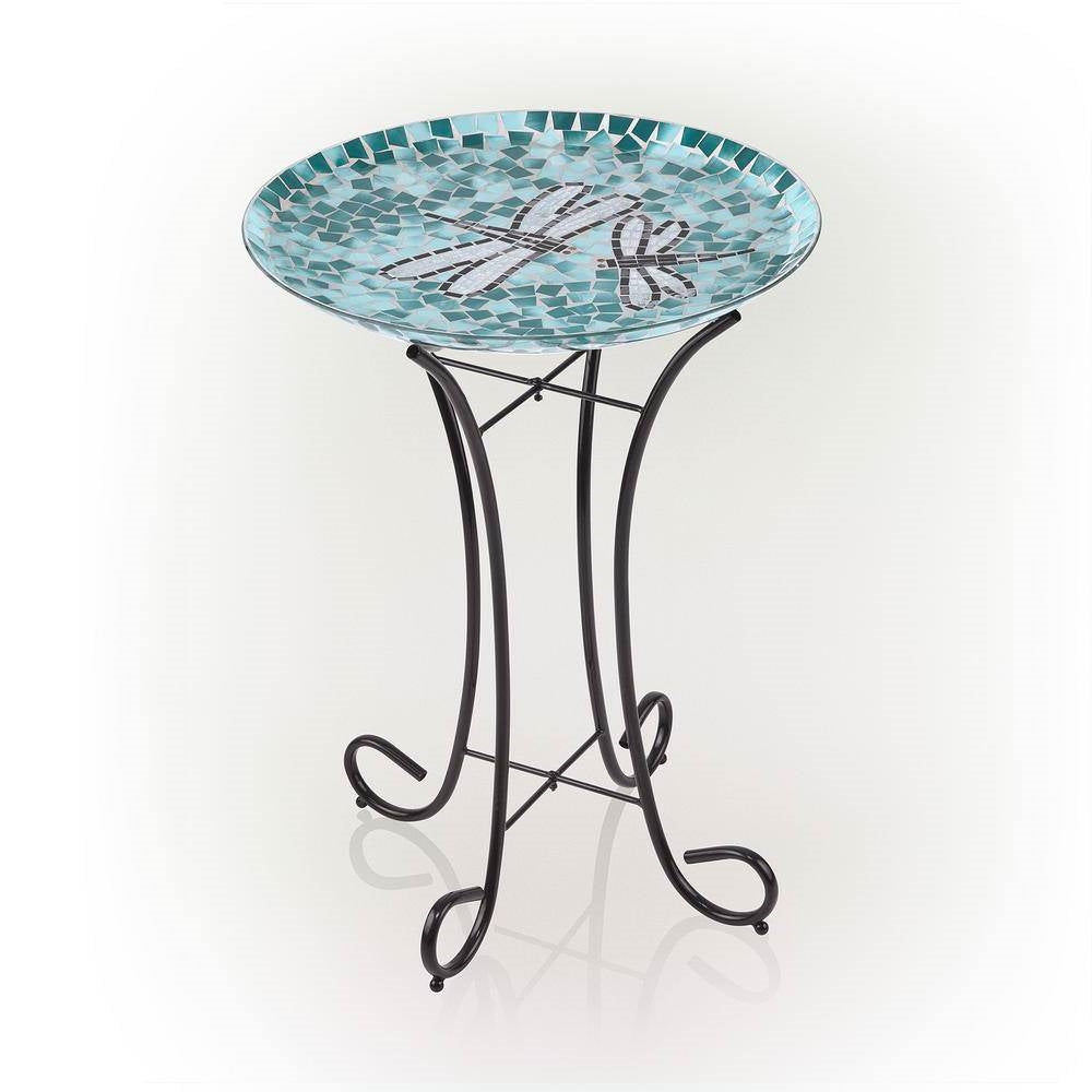 Bañera para pájaros de cristal mosaico azul verde cerceta y blanco con pedestal de metal negro