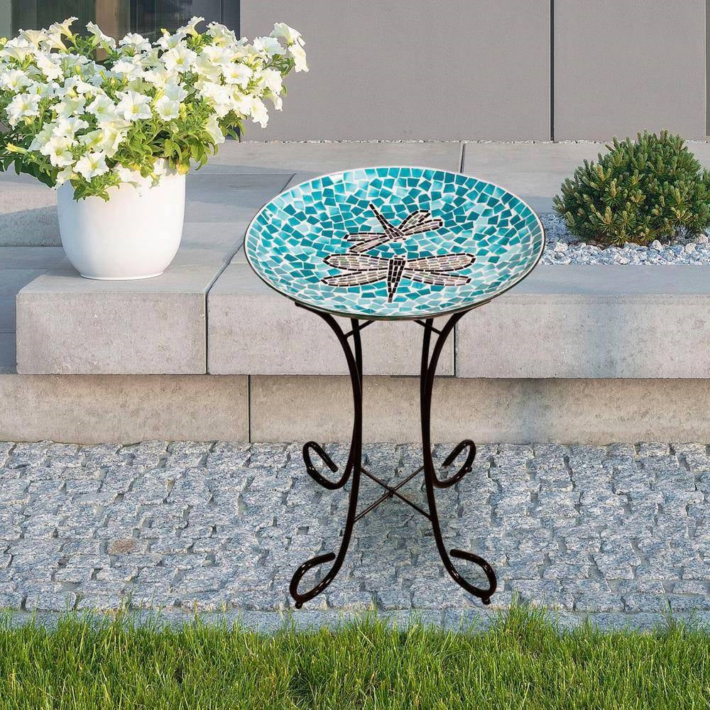 Bañera para pájaros de cristal mosaico azul verde cerceta y blanco con pedestal de metal negro