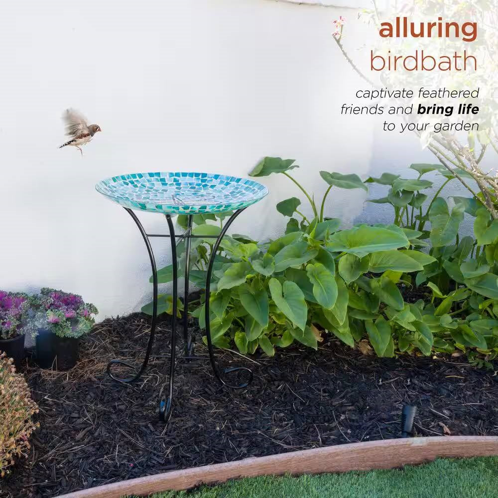 Bañera para pájaros de cristal mosaico azul verde cerceta y blanco con pedestal de metal negro