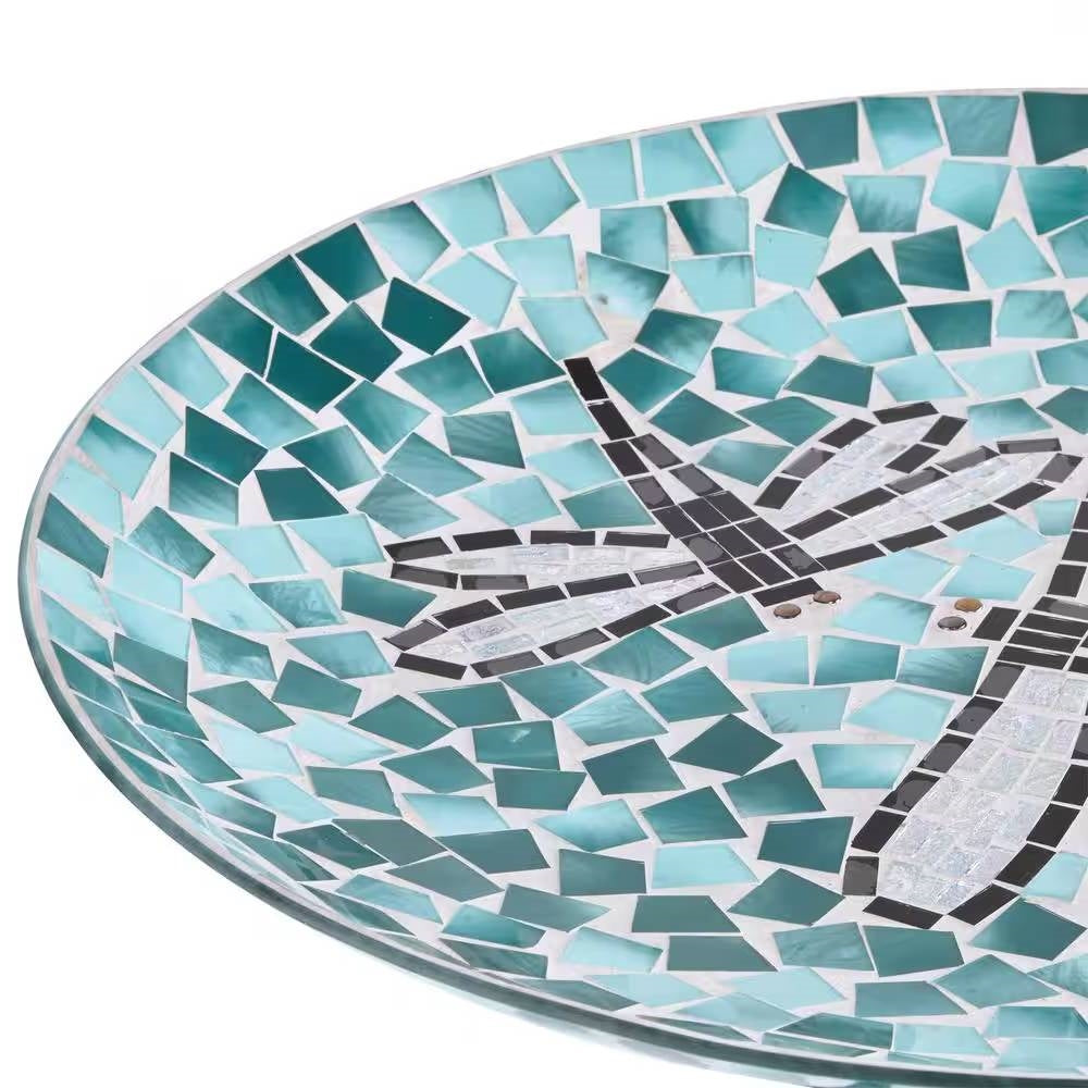 Bañera para pájaros de cristal mosaico azul verde cerceta y blanco con pedestal de metal negro
