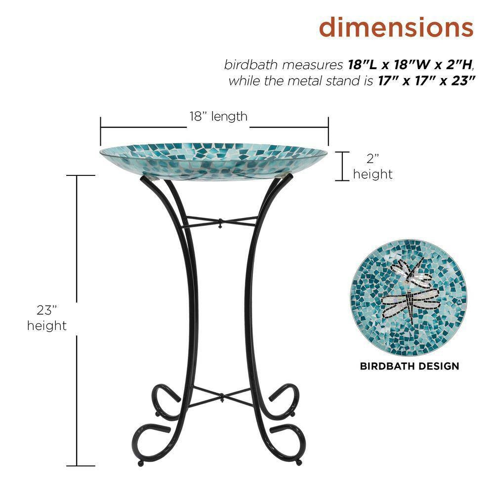 Bañera para pájaros de cristal mosaico azul verde cerceta y blanco con pedestal de metal negro