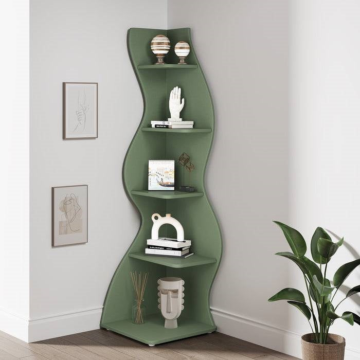 Librería esquinera moderna y original de 5 estantes con acabado de madera verde