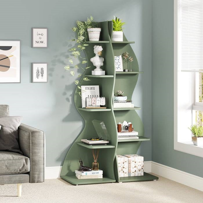 Librería esquinera moderna y original de 5 estantes con acabado de madera verde