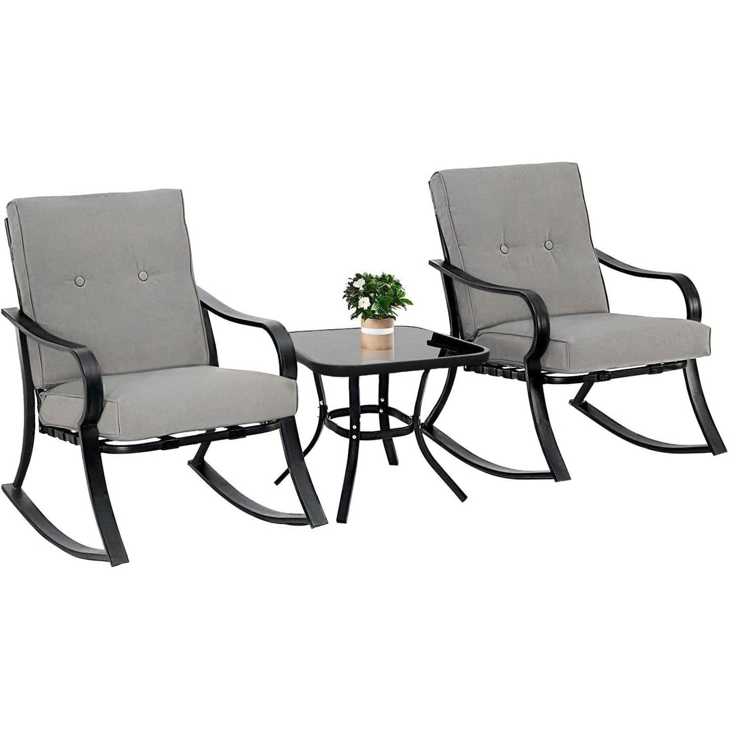 Juego de muebles de patio de 3 piezas para exteriores con mesa, sillas mecedoras y cojines grises