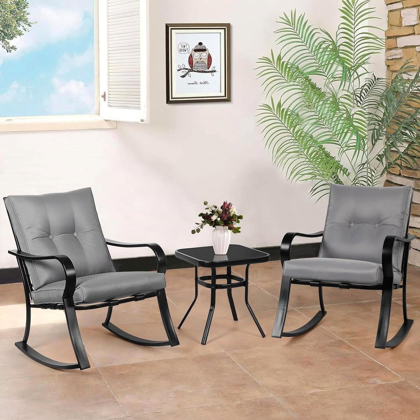 Juego de muebles de patio de 3 piezas para exteriores con mesa, sillas mecedoras y cojines grises