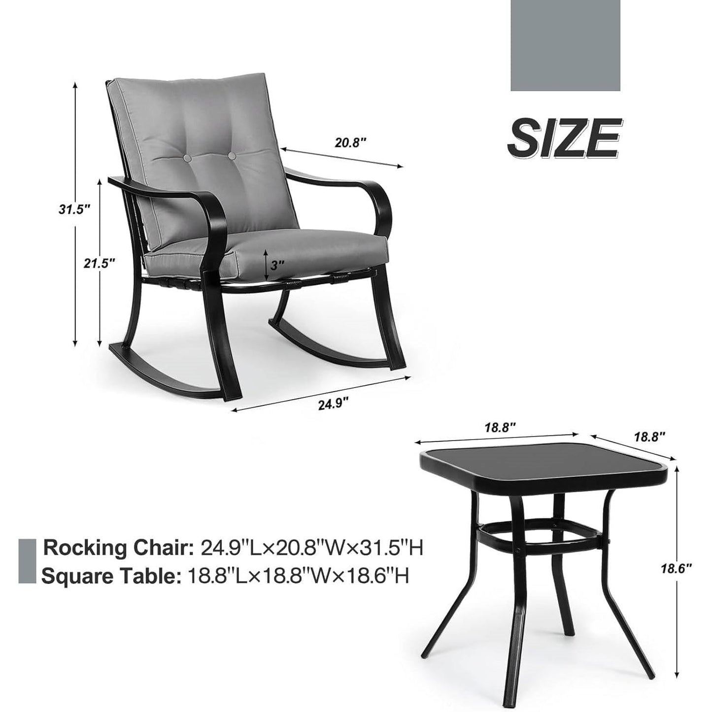 Juego de muebles de patio de 3 piezas para exteriores con mesa, sillas mecedoras y cojines grises