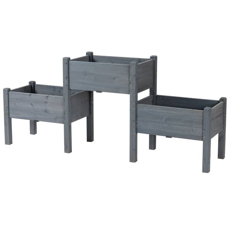 Juego de 3 maceteros elevados de madera gris para huerto, hierbas y flores