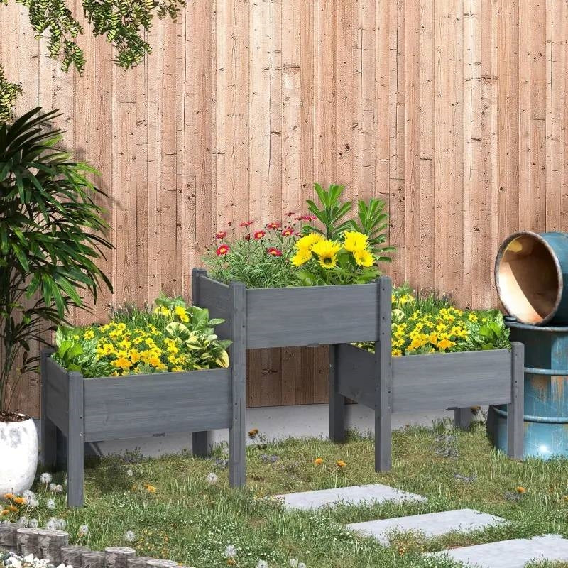 Juego de 3 maceteros elevados de madera gris para huerto, hierbas y flores