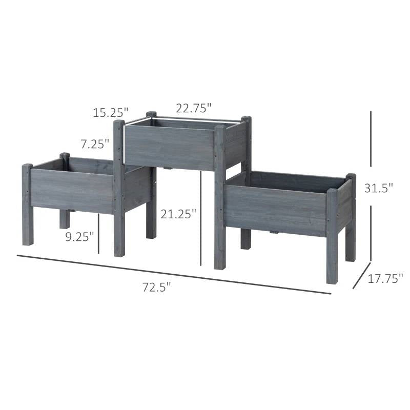 Juego de 3 maceteros elevados de madera gris para huerto, hierbas y flores