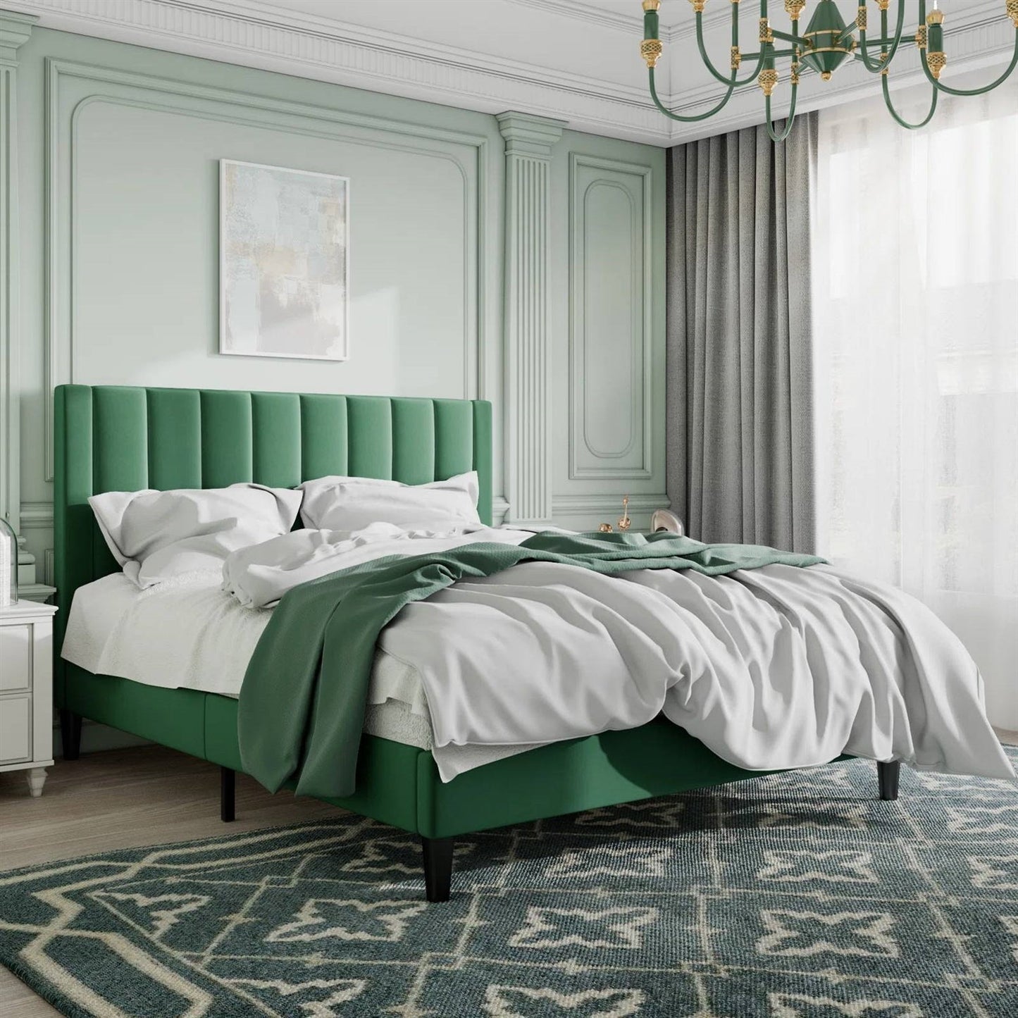 Cama Queen Moderna Tapizada en Terciopelo Verde con Cabecera y Plataforma