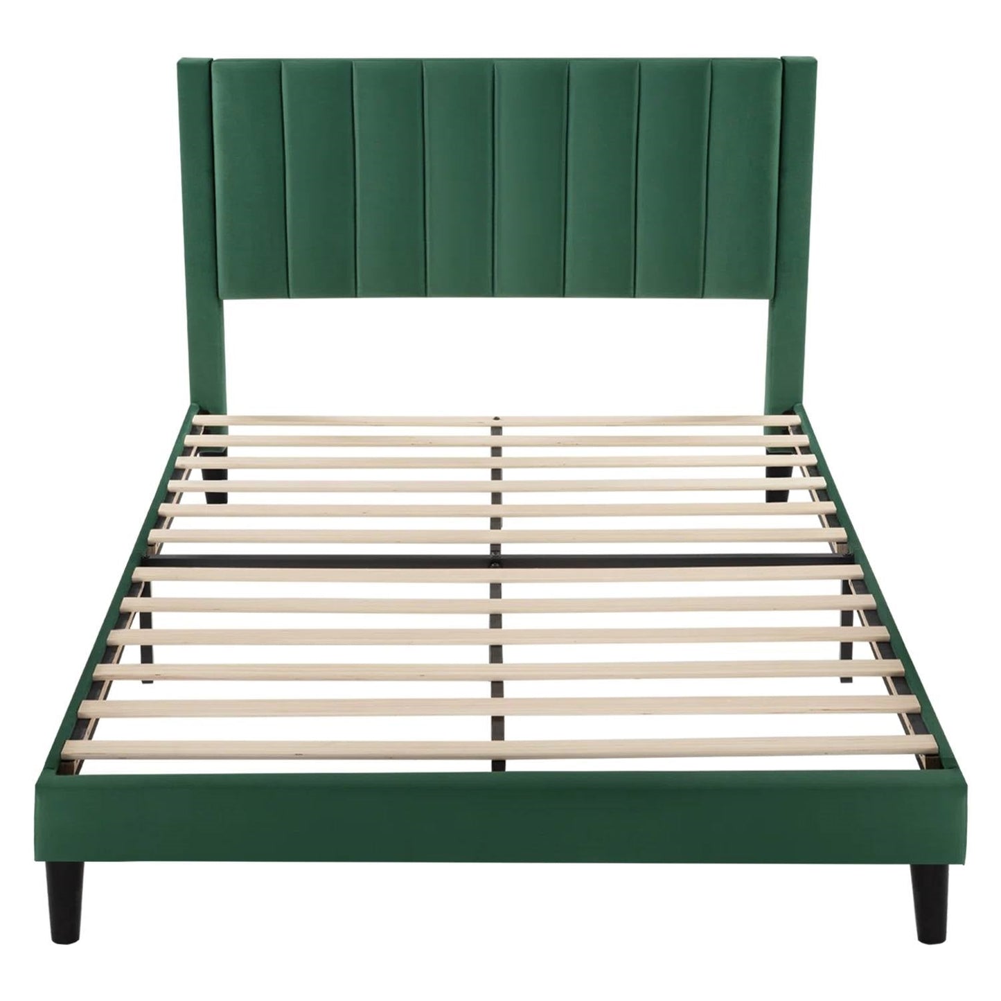 Cama Queen Moderna Tapizada en Terciopelo Verde con Cabecera y Plataforma