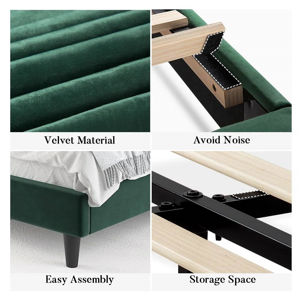 Cama Queen Moderna Tapizada en Terciopelo Verde con Cabecera y Plataforma