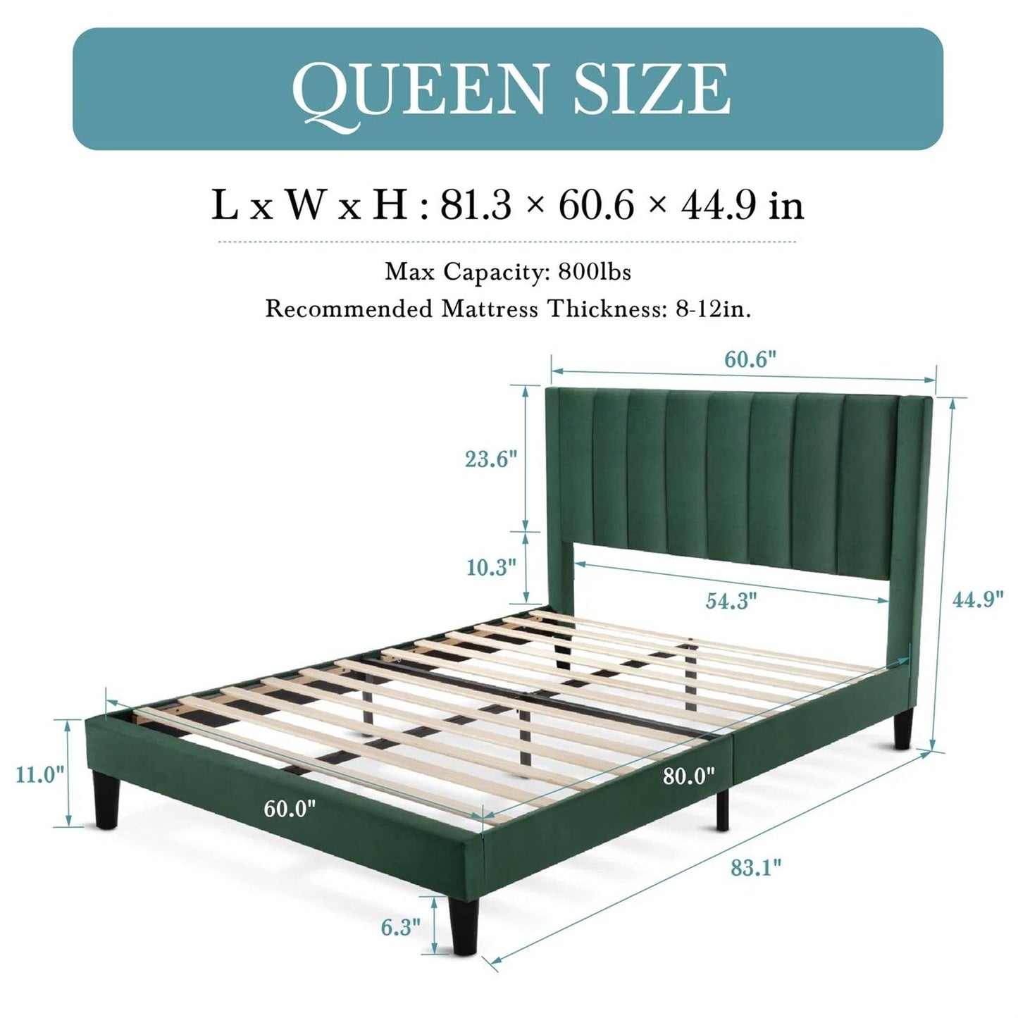 Cama Queen Moderna Tapizada en Terciopelo Verde con Cabecera y Plataforma