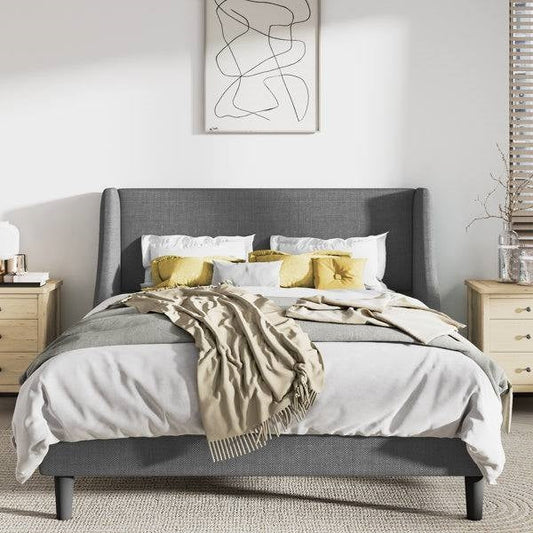Cama Plataforma Queen Size Tapizada en Mezcla de Lino Gris con Cabecero de Orejas