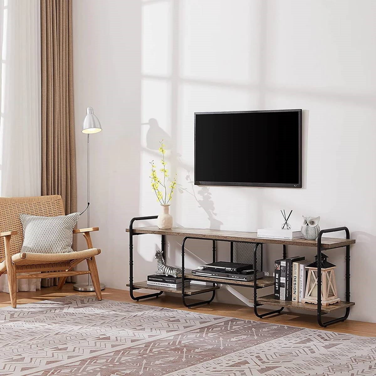 Modern Gray Wood and Metal Entertainment Center TV Stand for TV up to 65-inch