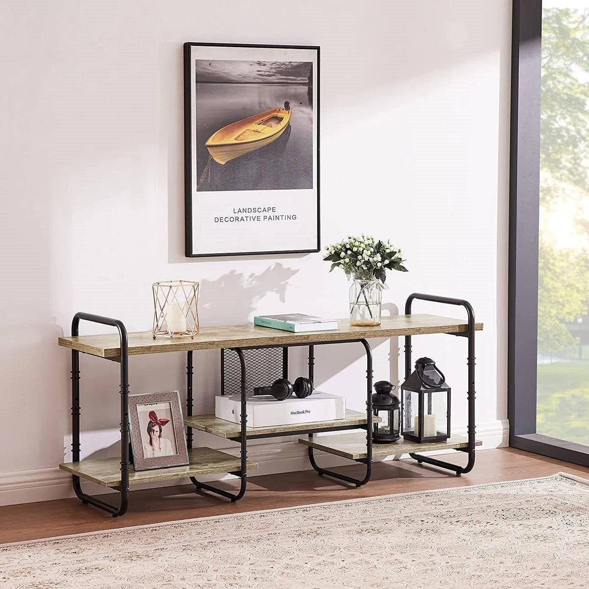 Mueble de TV/Centro de entretenimiento moderno de madera gris y metal para televisores de hasta 60 pulgadas