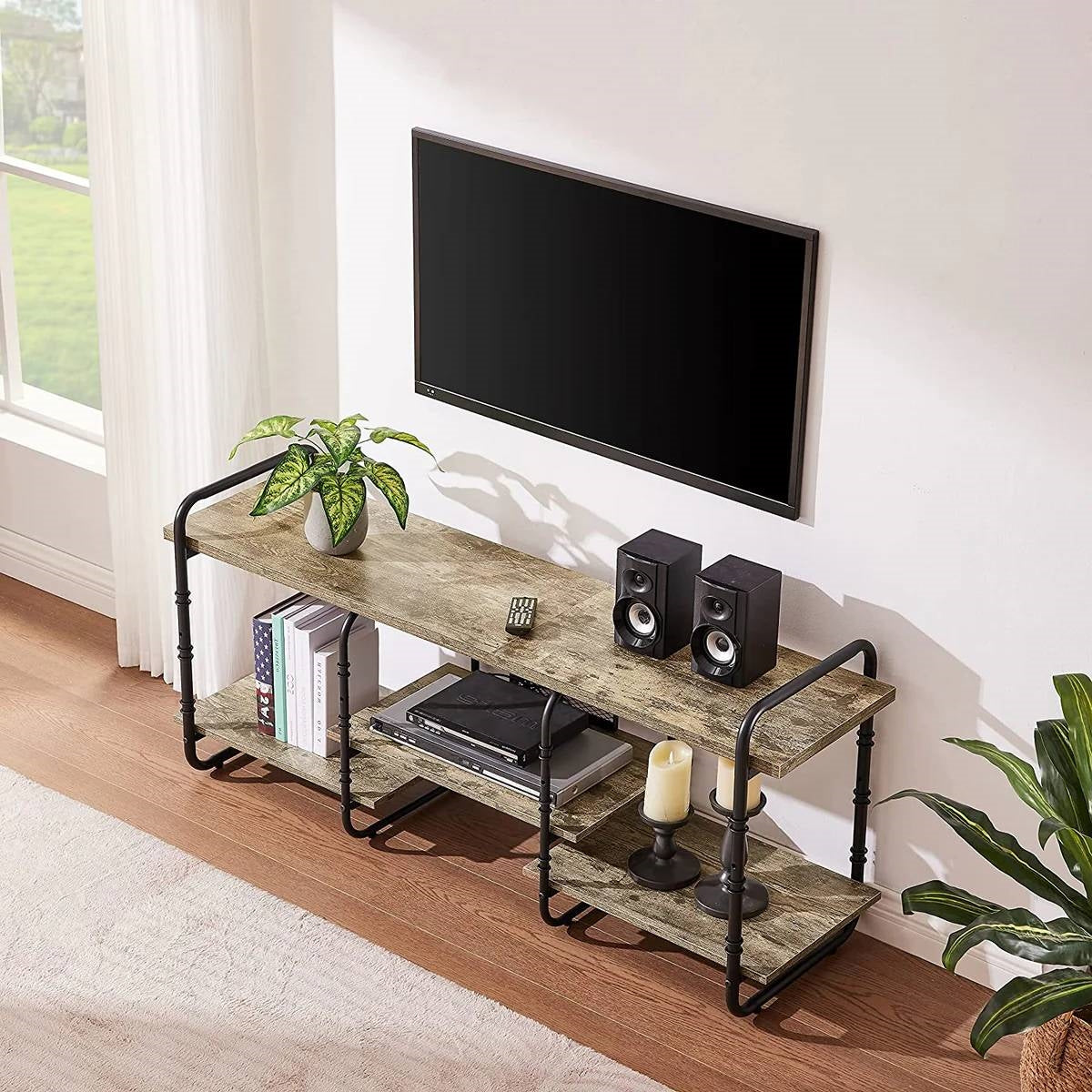 Mueble de TV/Centro de entretenimiento moderno de madera gris y metal para televisores de hasta 60 pulgadas