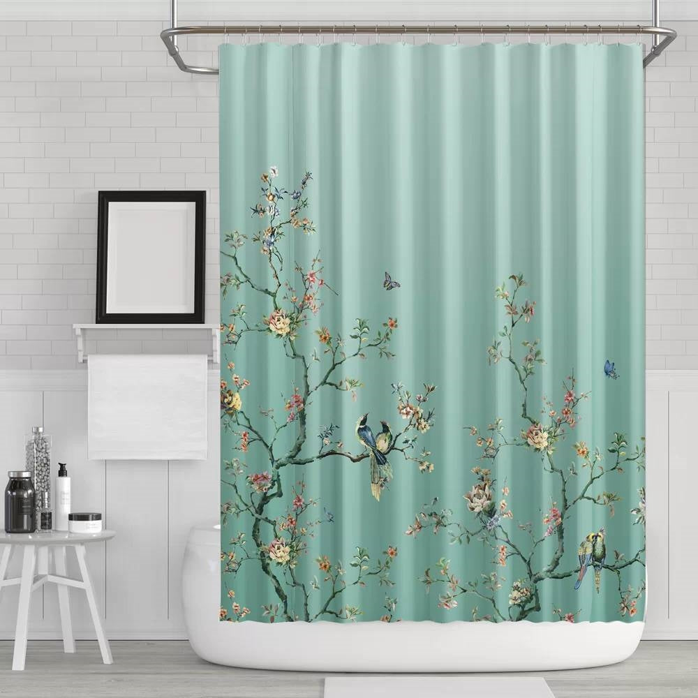 Cortina de ducha de estilo japonés con diseño floral de árbol, pájaros y mariposas en azul verdoso, 72 pulgadas